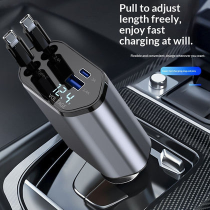 ARVONELLE 4-in-1 Retractable Car Charger – Built-In USB-C & Lightning-Compatible Cables