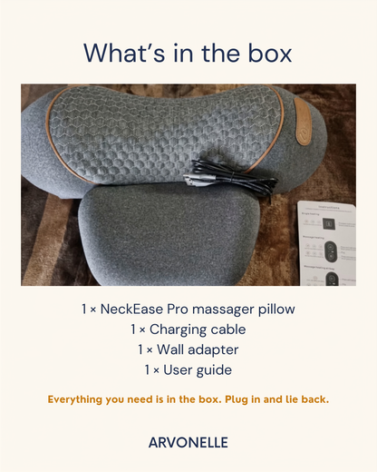 What's in the NeckEase Pro box: massager pillow, charging cable, wall adapter and user guide