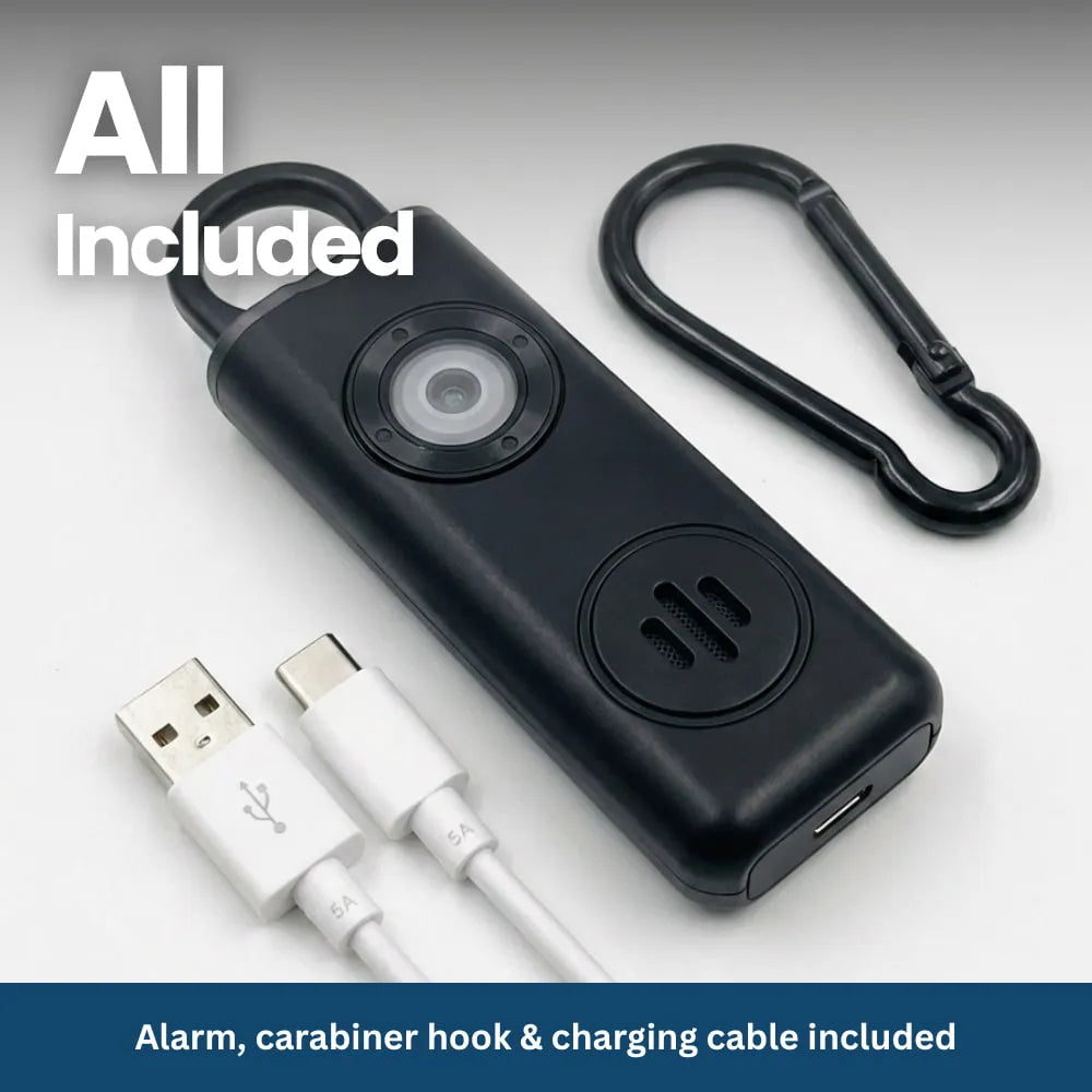 What is in the box: the alarm, a carabiner hook and a USB-C charging cable