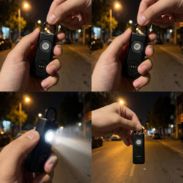 Four steps at night: pulling the pin, replacing the pin, the LED strobe on, and the alarm held in one hand