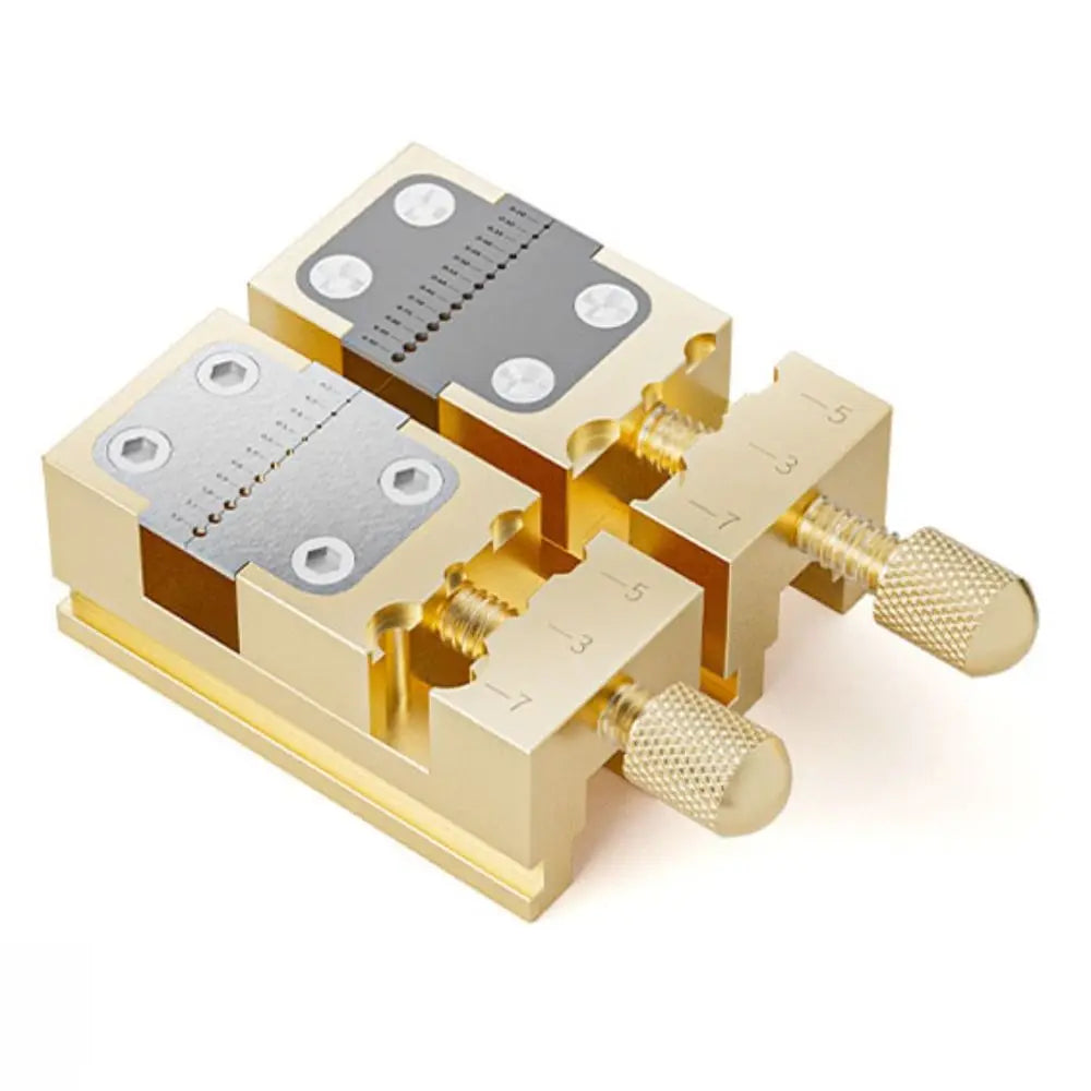 Brass watch vise with a steel insert drilled in graduated sizes