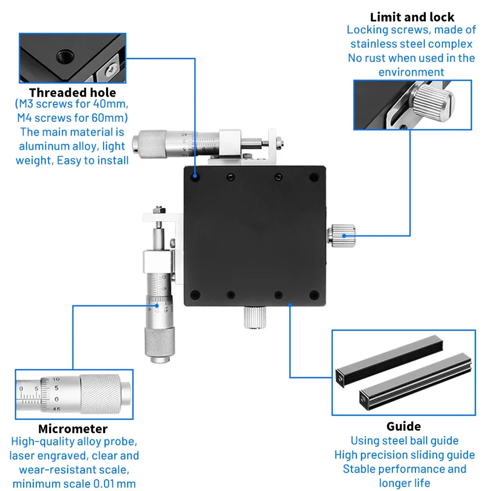 XYZ micrometer stage for a mini drill press, 40 or 60 mm