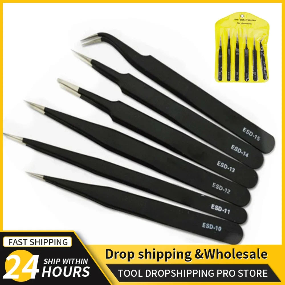 Six ESD tweezers laid out