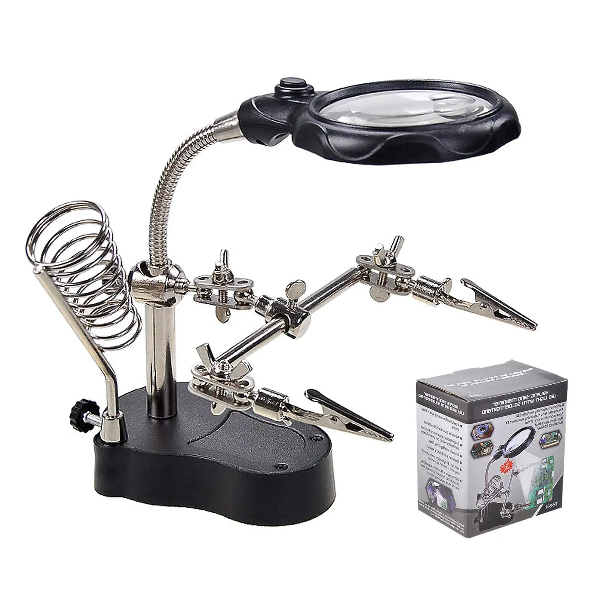 Helping hands with magnifier and LED ring