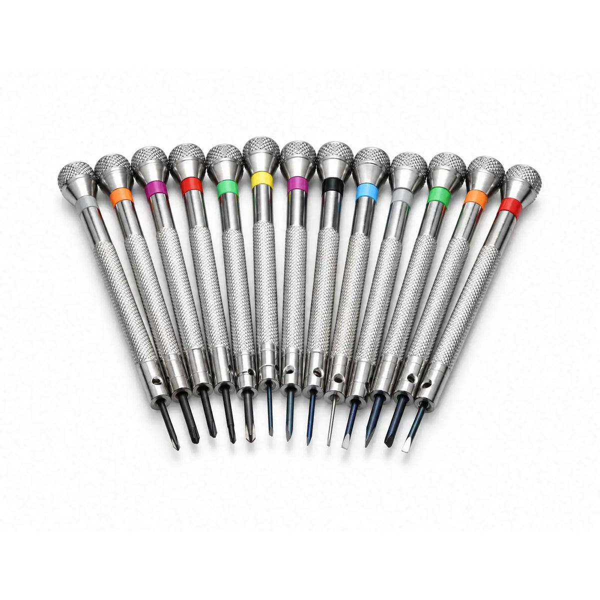 Thirteen watchmaker's screwdrivers laid out in a fan