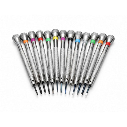 Thirteen watchmaker's screwdrivers laid out in a fan