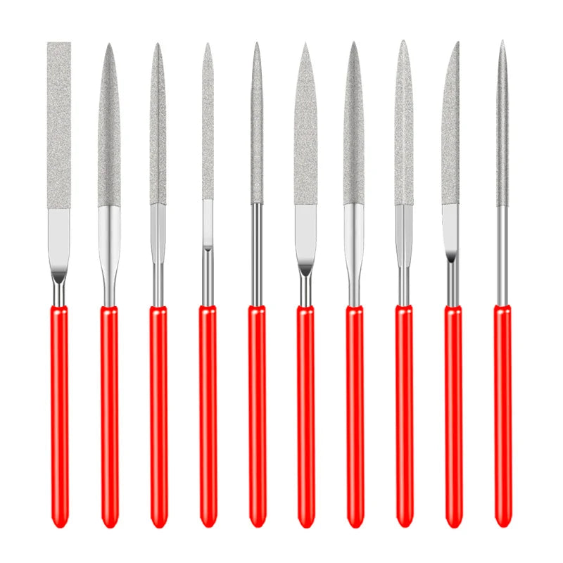 Ten diamond needle files laid out
