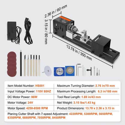 Mini wood lathe, 24 V, 7 speeds