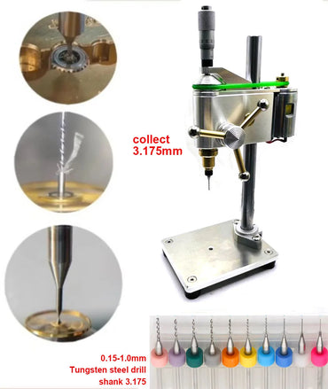 Micrometer drill press with the 3.175 mm collet fitted
