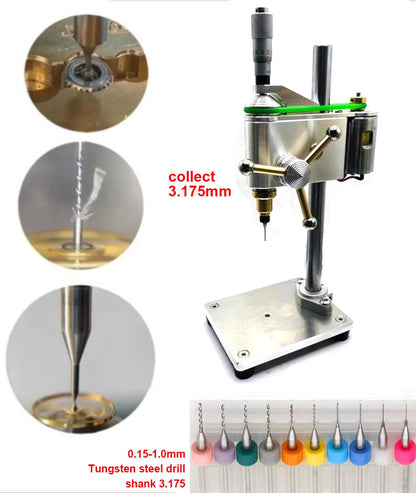 Micrometer drill press with the 3.175 mm collet fitted