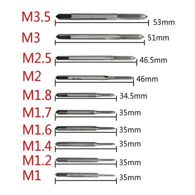 Tap lengths for M3.5, M3 and M2.5