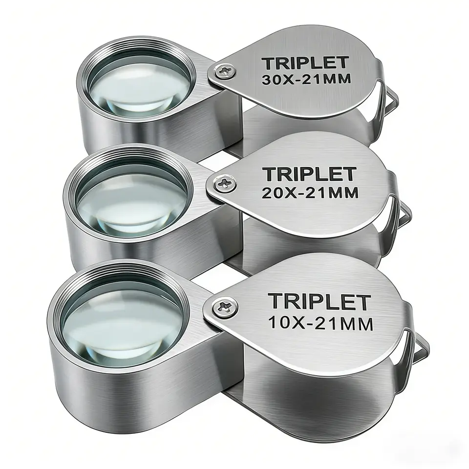 Three triplet loupes side by side, 10x, 20x and 30x, all with a 21 mm lens