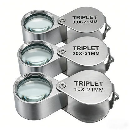 Three triplet loupes side by side, 10x, 20x and 30x, all with a 21 mm lens