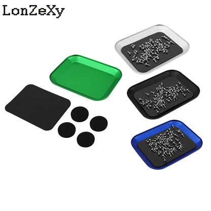 Magnetic parts tray with screws on it