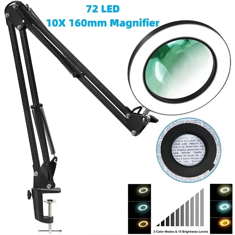 Bench magnifier lamp clamped to a desk