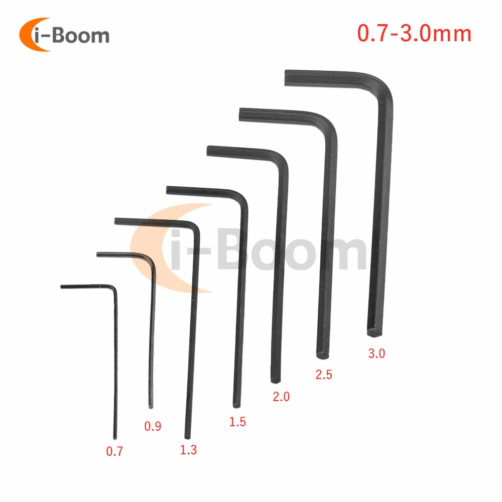 Seven mini hex keys on a ring, 0.7 to 3 mm