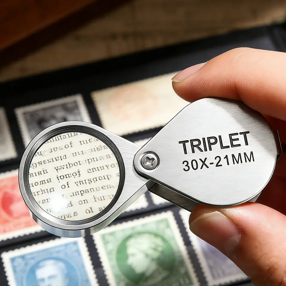The loupe held in the hand over printed detail