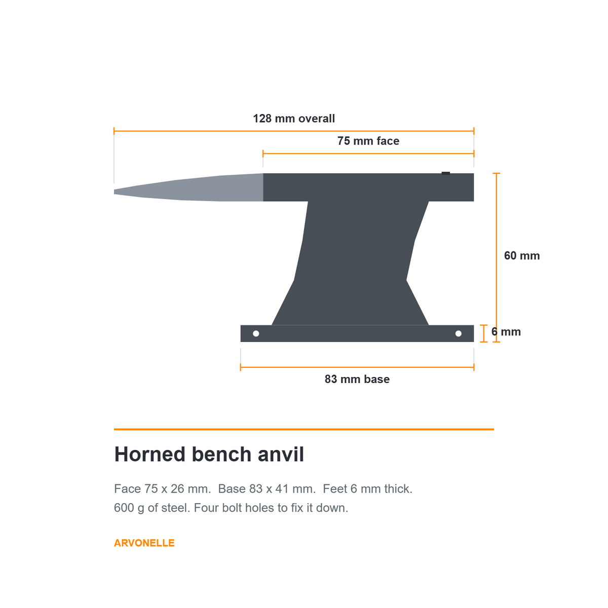 Side view of the horned bench anvil with dimensions: 128 mm overall, 75 mm face, 60 mm tall, 83 mm base, 6 mm feet