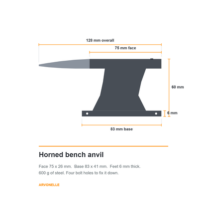 Side view of the horned bench anvil with dimensions: 128 mm overall, 75 mm face, 60 mm tall, 83 mm base, 6 mm feet