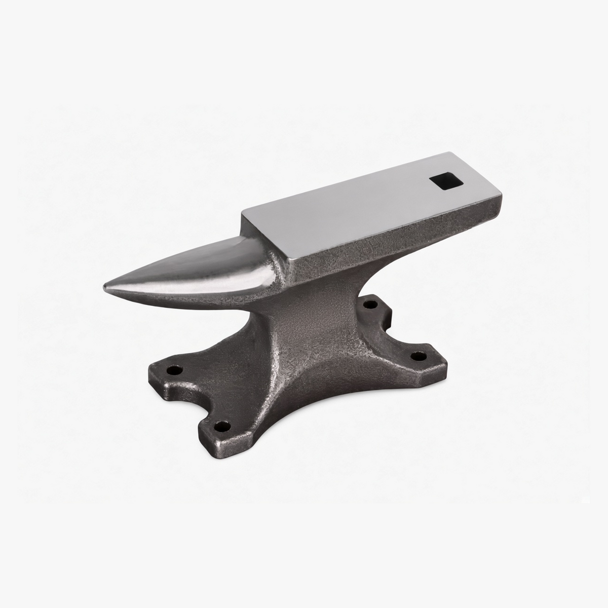 Horned bench anvil, cast body with a polished flat face, square hardy hole and four bolt holes through the splayed feet