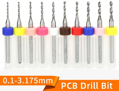 Assorted PCB drill bits from 0.1 to 3.175 mm