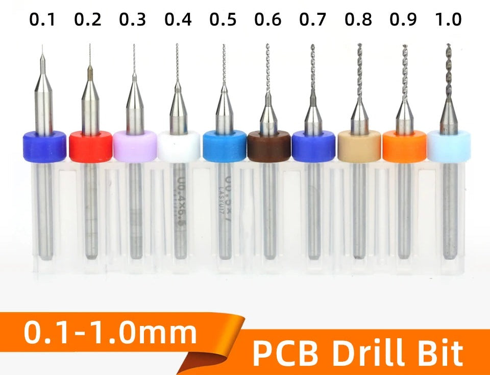 Ten PCB drill bits from 0.1 to 1.0 mm in their case